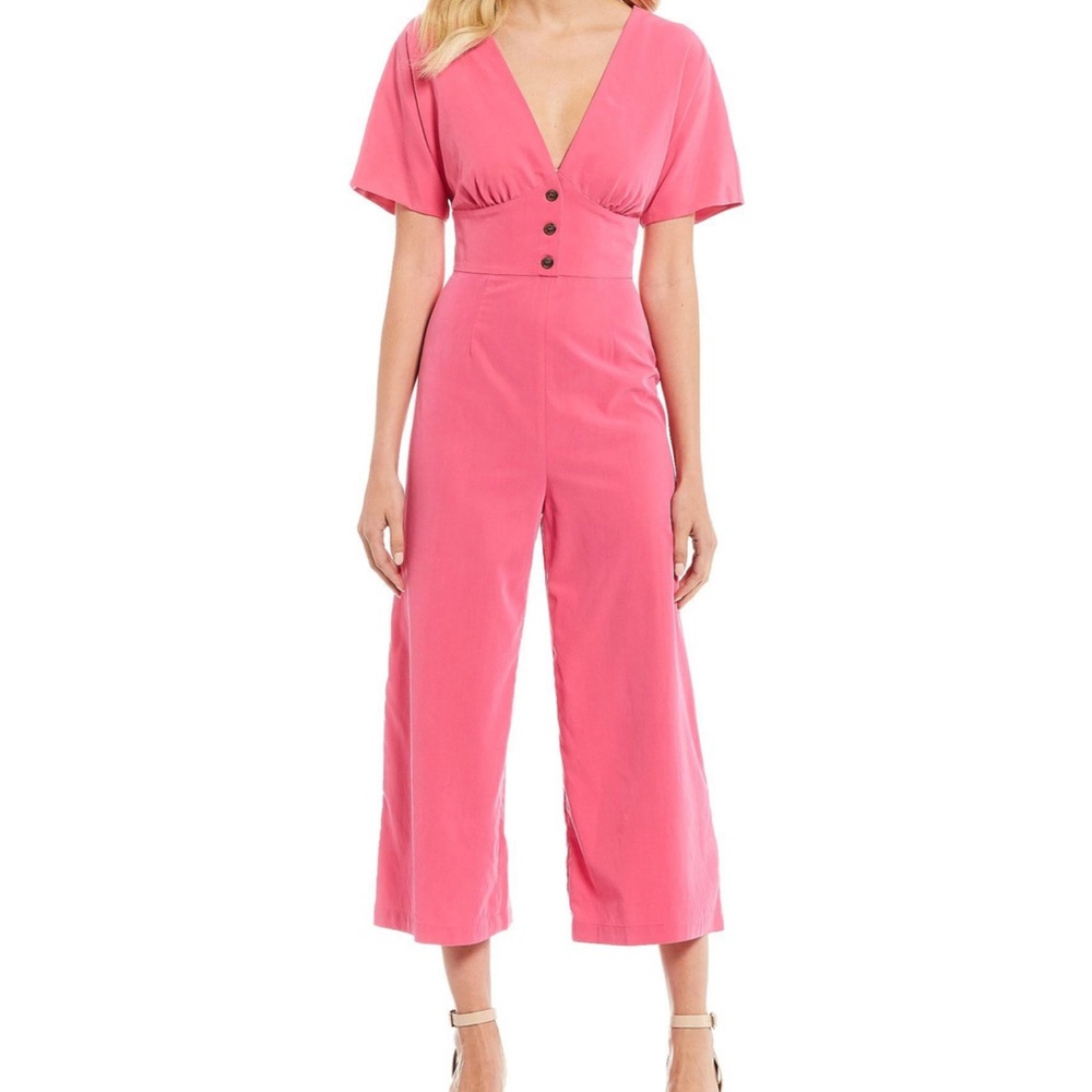 Gianni Bini Katia Button Up Plunge V Neck Crop Leg Jumpsuit 0 NWT Pink Orchid